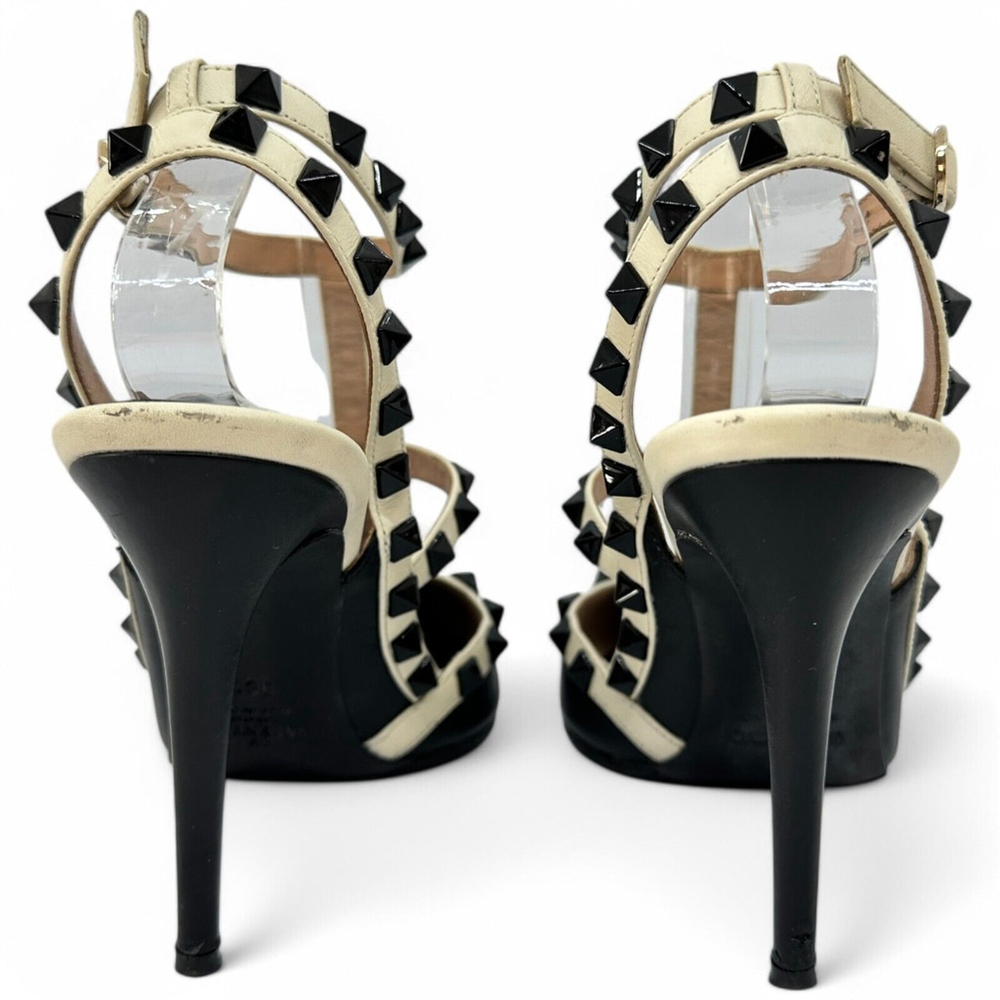 Valentino Rockstud Ankle Strap 100mm Pumps 36.5 Black Light Ivory Leather - Picture 7 of 14